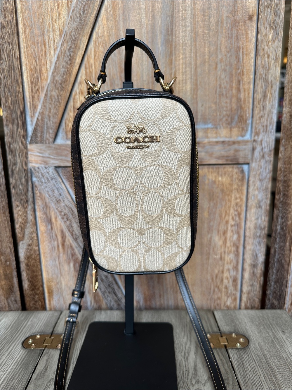 Coach Eva Phone Crossbody In Blocked Signature Canvas Light Khaki/Brown - Picture 2 of 15